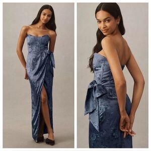 V. Chapman June Printed Corset Front-slit Satin Gown Maxi Blue Floral Size 10 *
